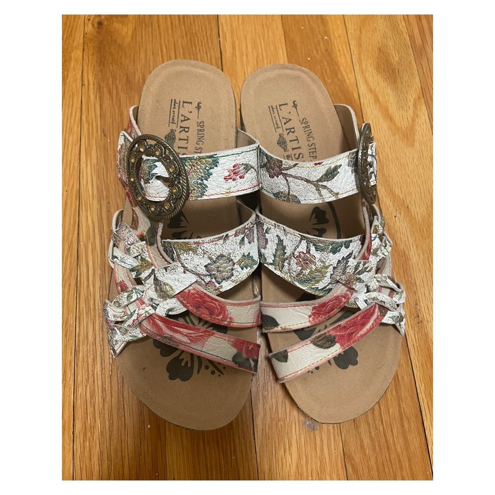 Spring Step L'Artiste Sandals Floral Leather Cork Wedge White Multi US 6.5 EU 37